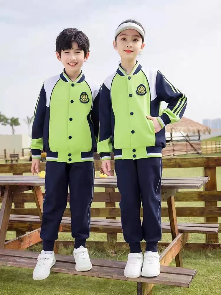 小學(xué)運動校服春秋款白綠深藍配色