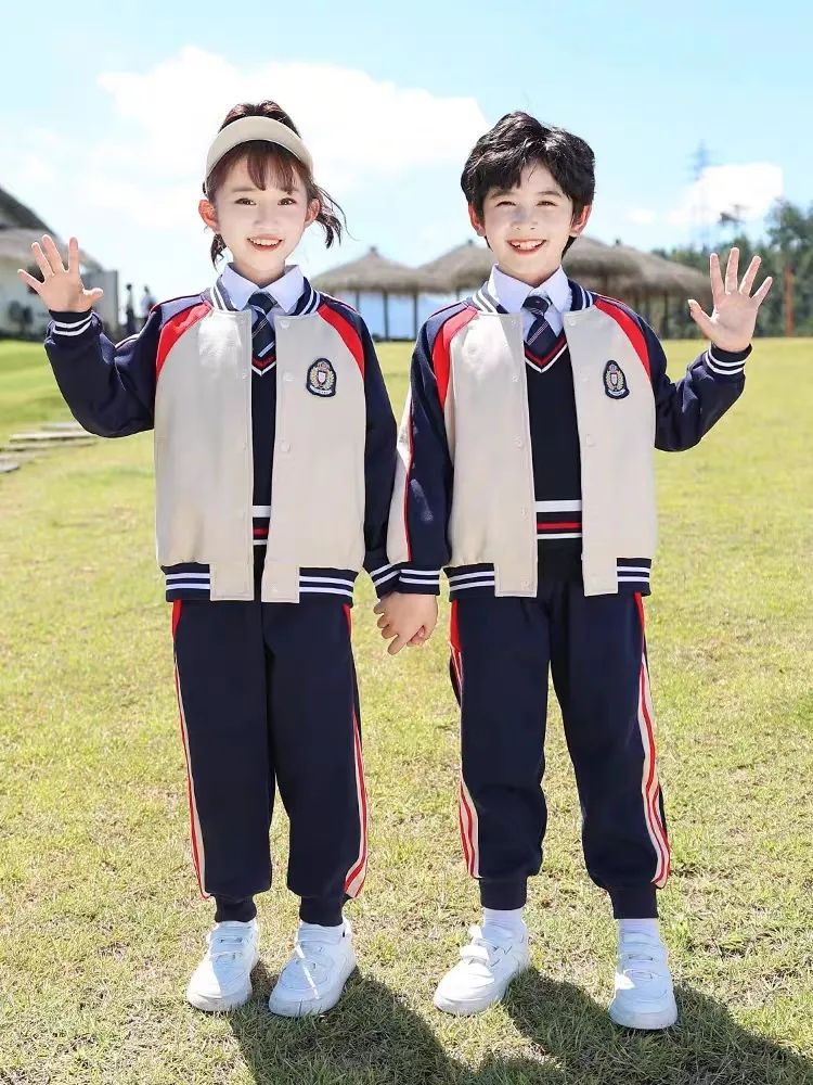 小學(xué)運動校服春秋款米白深藍配色
