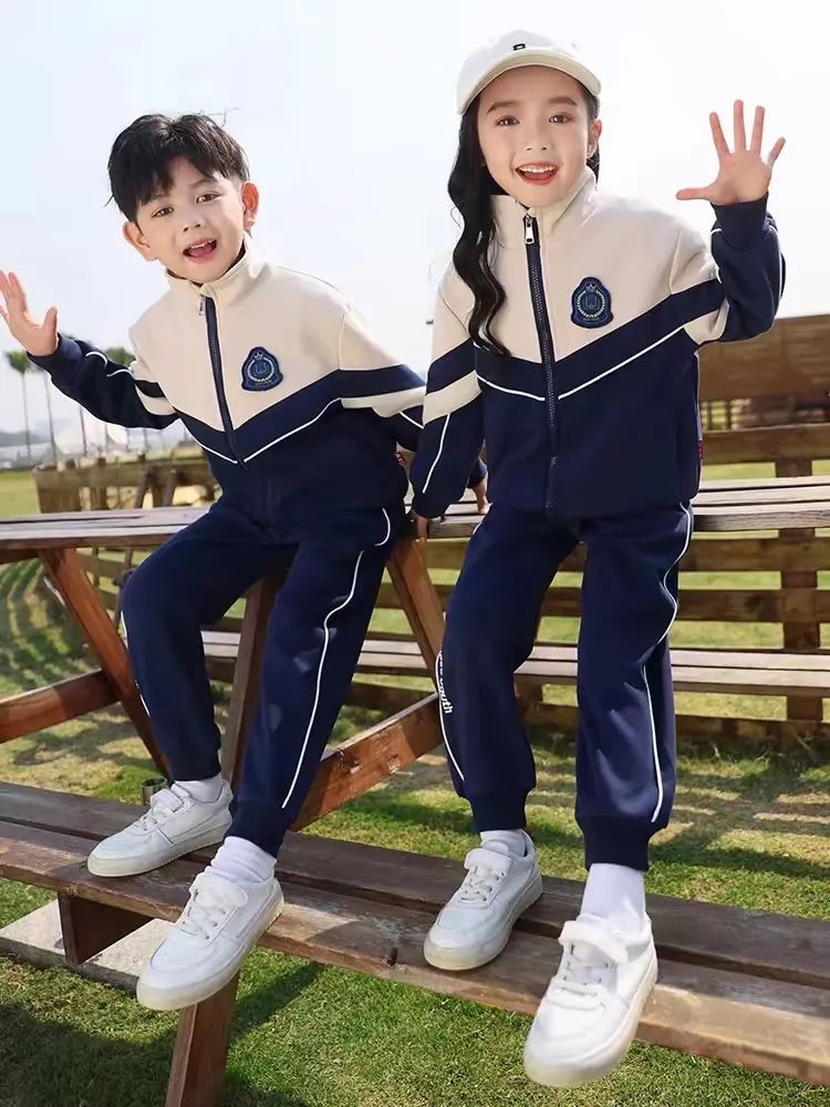 小學(xué)運動校服春秋款米白深藍配色
