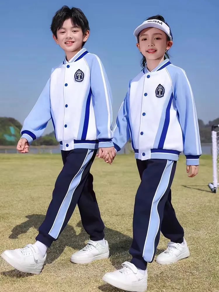 小學(xué)運動校服春秋款白深藍淺藍配色