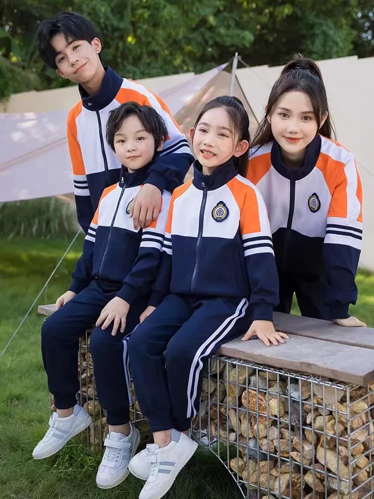 中小學(xué)運動校服春秋款白深藍橙配色