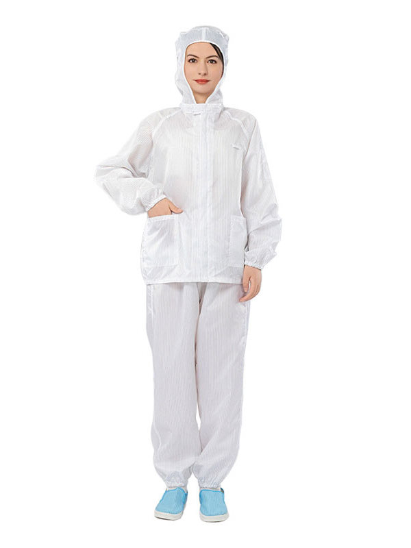 定制定做防靜電工作服條紋拉鏈連帽分體服食品醫(yī)藥車間防塵服